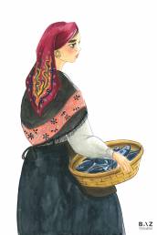 Ilustración mujer con cesta de pescado