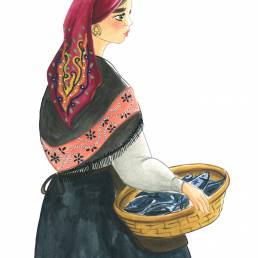 Ilustración mujer con cesta de pescado